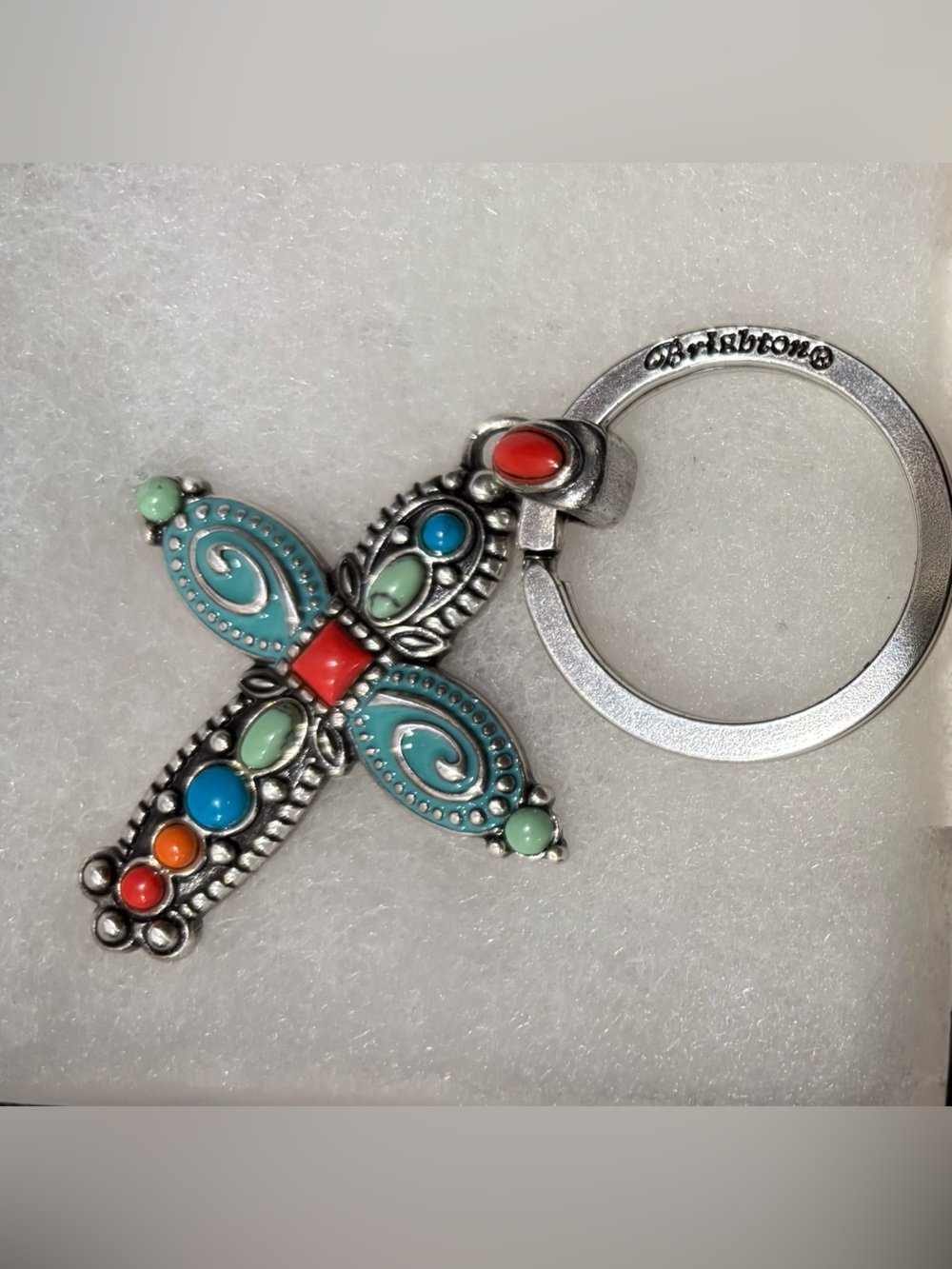 Brighton Silver Cross Keychain with Turquoise and Coral Accent Enamel Bag Charm